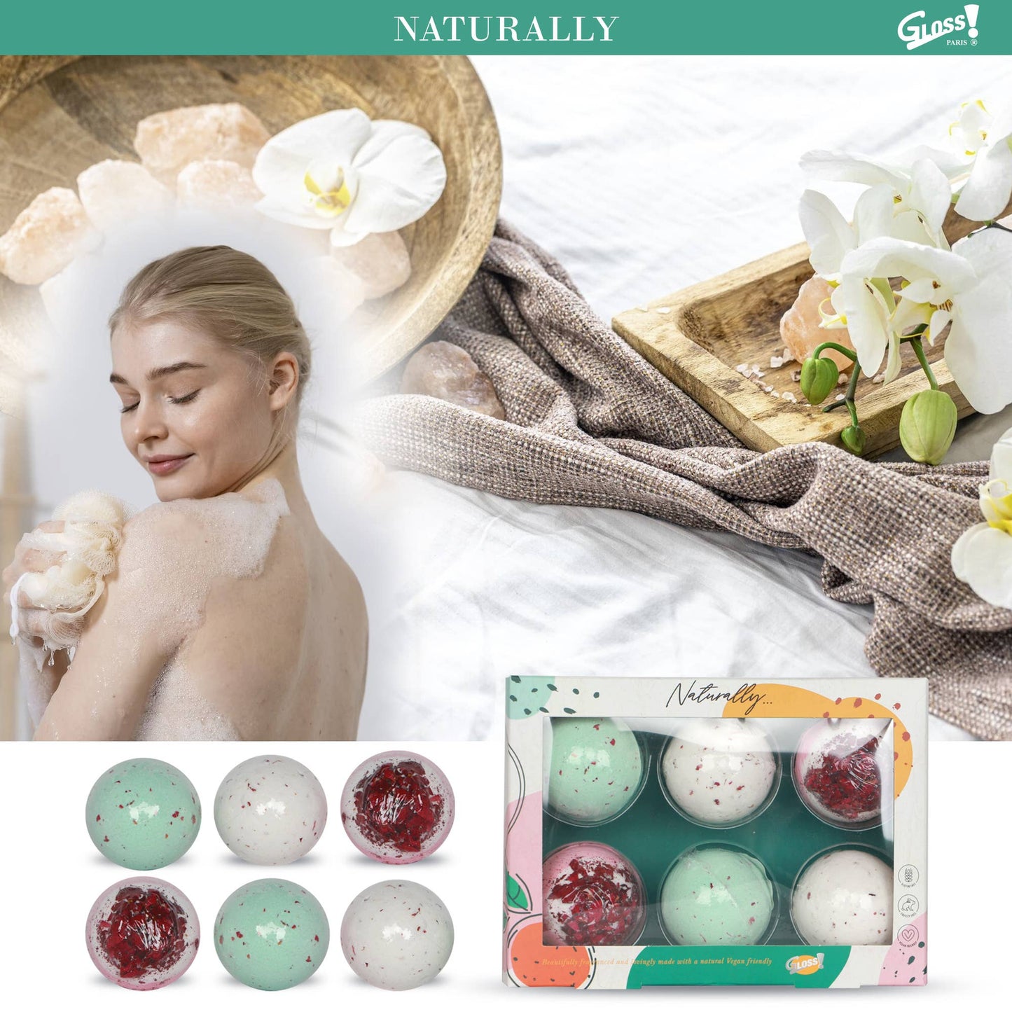 Handmade effervescent soap bombs in a gift box