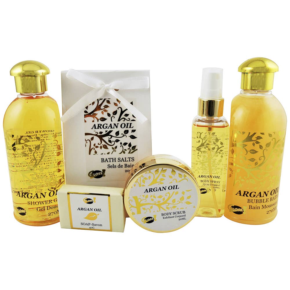 🌟 Set de Baño Regalo para Mujeres – Luxury Argan Oil (5 piezas) con Base de Metal.