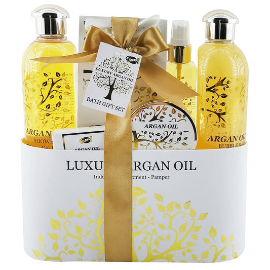 🌟 Set de Baño Regalo para Mujeres – Luxury Argan Oil (5 piezas) con Base de Metal.