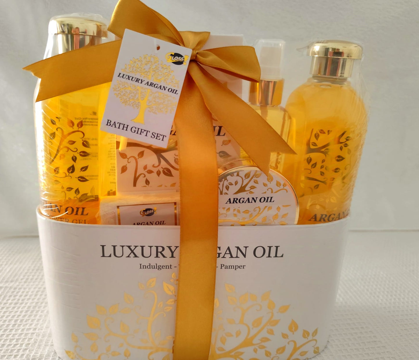 🌟 Set de Baño Regalo para Mujeres – Luxury Argan Oil (5 piezas) con Base de Metal.