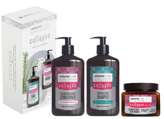Set trio Arganicare Colágeno Champú + Acondicionador 400ml + Mascara