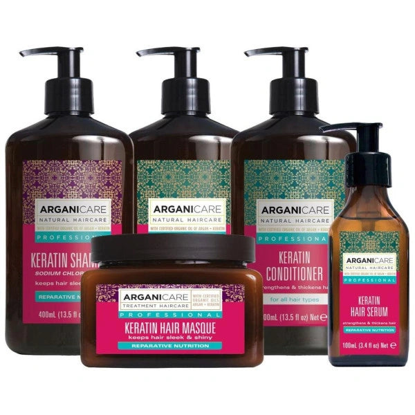 Set Champú Keratina + Acondicionador + Mascarilla + Sérum Arganicare de 4 piezas