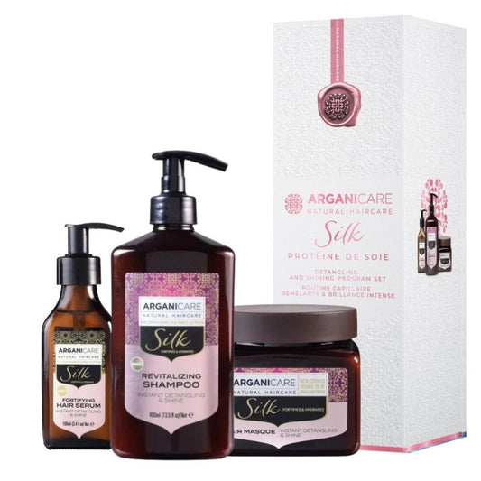 Set trio proteinas de Seda Arganicare Champú + Mascarilla + Serum